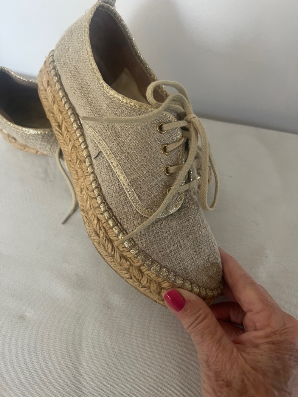 GAIAM Beige Metallic-Trim Lace-Up Espadrille Platforms
